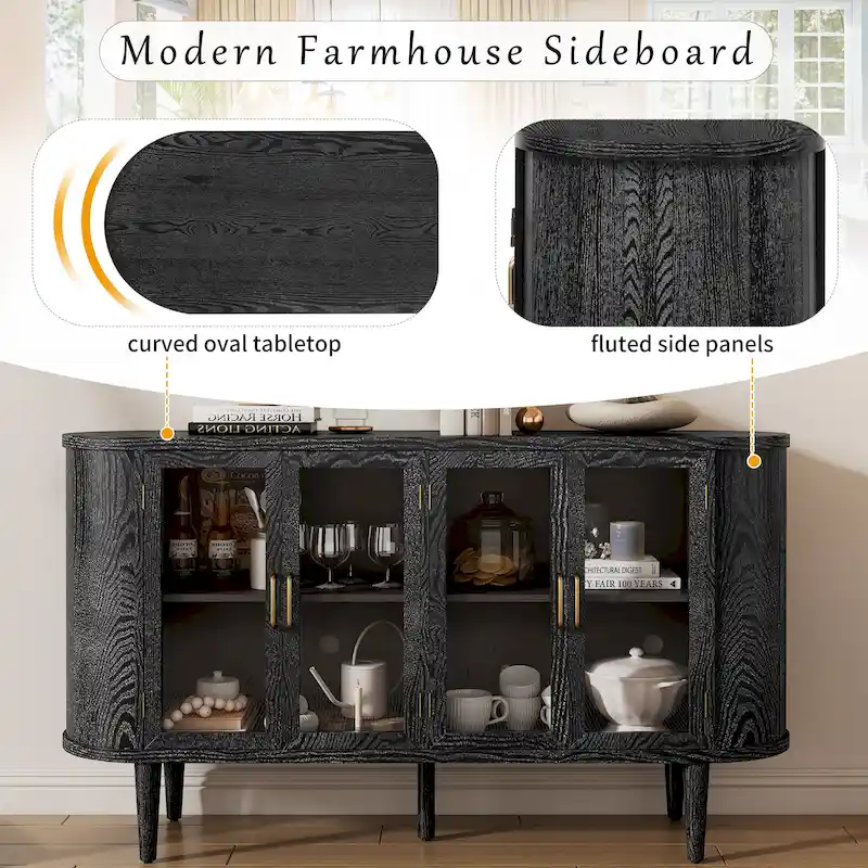 Black Farmhouse Sideboard Buffet Cabinet with Glass Doors & Adjustable Shelves, 1-Person Assembly