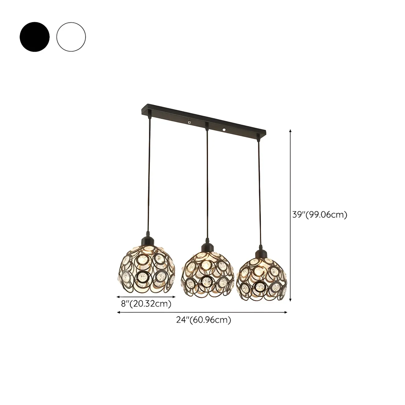 Modern 3-Light Round Crystal Black Metal Dome Pendant Light