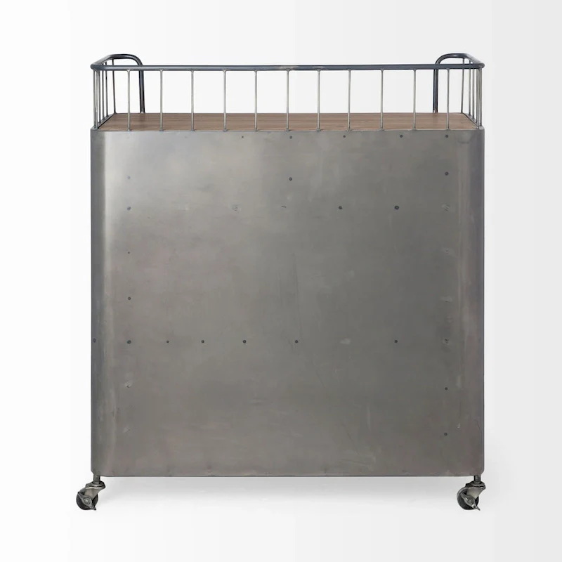 Udo Gray Metal & Brown Wood Top Bar Cart - 16.5L x 35.4W x 40.7H
