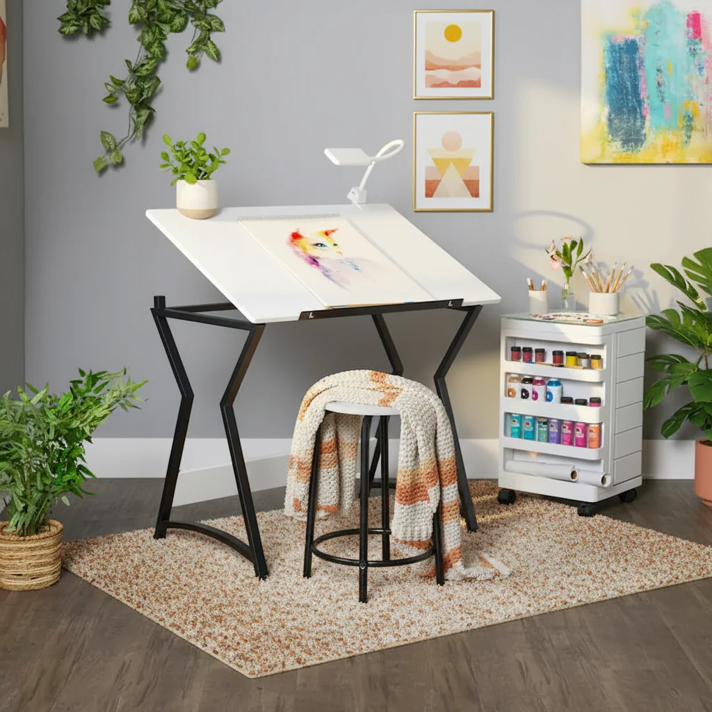Adjustable Drafting Table with Stool - 36 Metal Craft Desk, 0-45° Tilt Top, Black/White, 2-Piece Set