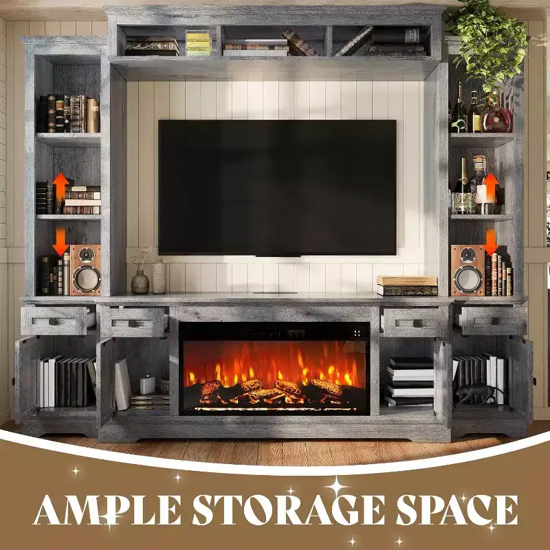 Gray & White Farmhouse Entertainment Center with Fireplace, Fits up to 78
