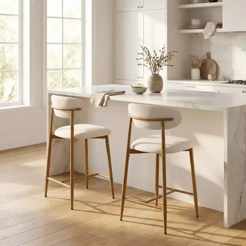 FurnitureR Set of 2 Counter Height Bar Stools with Upholstered Seat & Metal Legs, 26.3 Modern Kitchen Island Chairs with Backrest