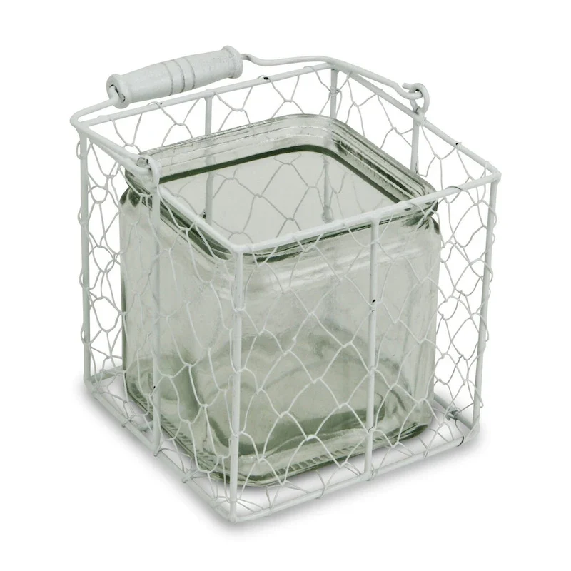 HomeRoots 5.5  White and Clear Wire Basket Glass Jar - 5.5  x 5.5  x 5.5