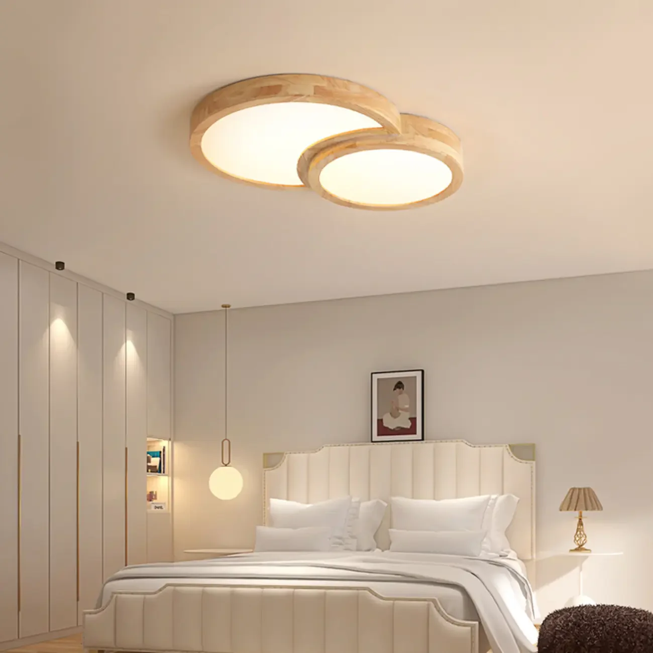 Natural Geometric Wood Dimmable Flush Mount LED Ceiling Light