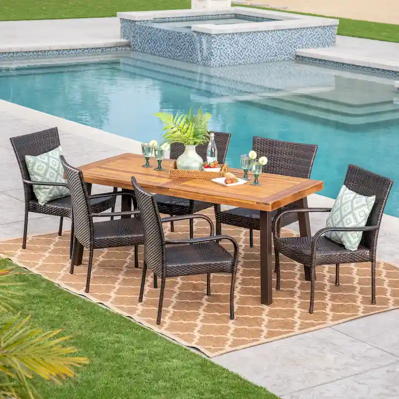 Sutton Outdoor 7 Piece Acacia Wood/ Wicker Dining Set by Christopher Knight Home