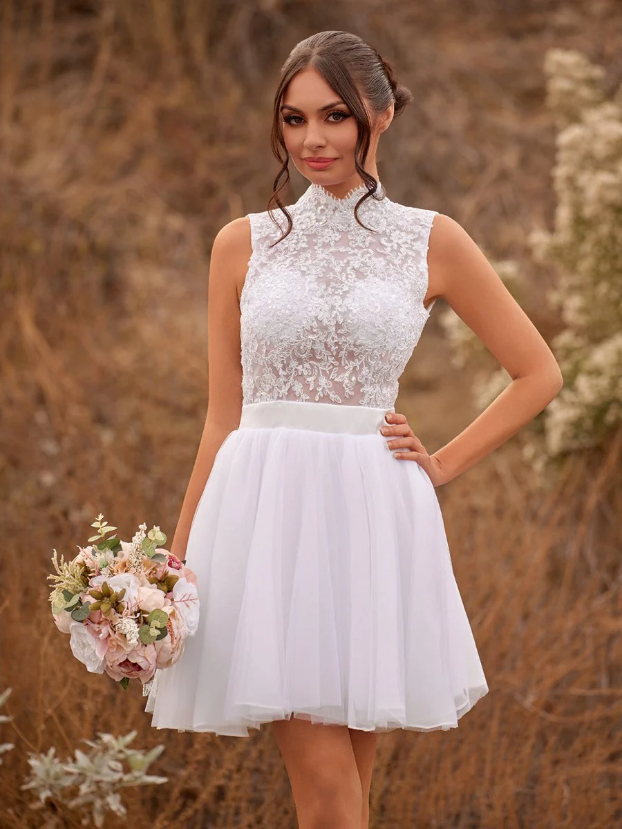 Mini Knee-Length Tulle Lace Dress With Beading Keyhole Back