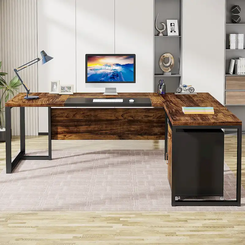 70.8 Inch Executive Desk with File Cabinet Large L Shaped Office Executive Desk Computer Desk