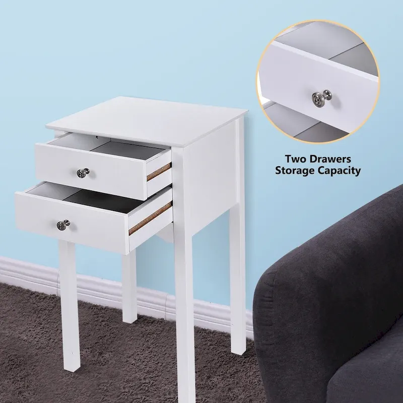 Side Table End Accent Table with 2 Drawers-White - 16.0 x 13.0 x 30.0 (L x W x H)