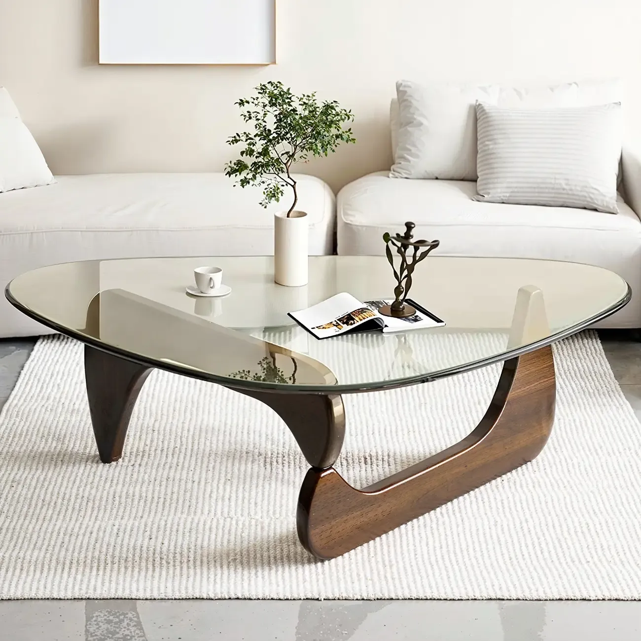 Modern Triangle Glass Coffee Table Wooden Base