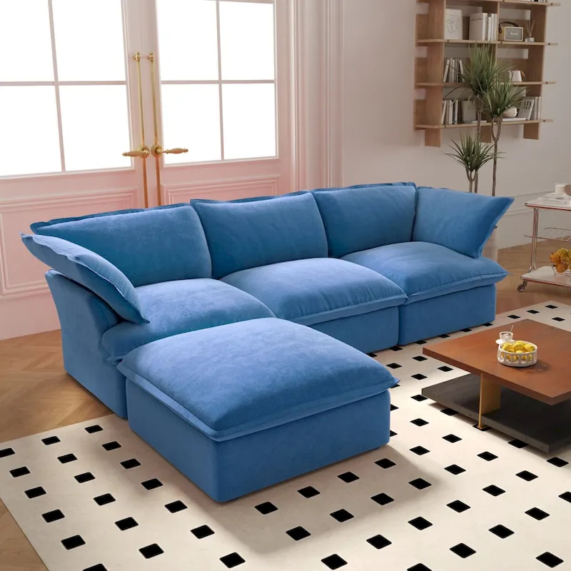 Cloud Sectional Sofa Down Feather Modular Couch L-shaped Velvet Wide Deep Seat Convertible Sofa.