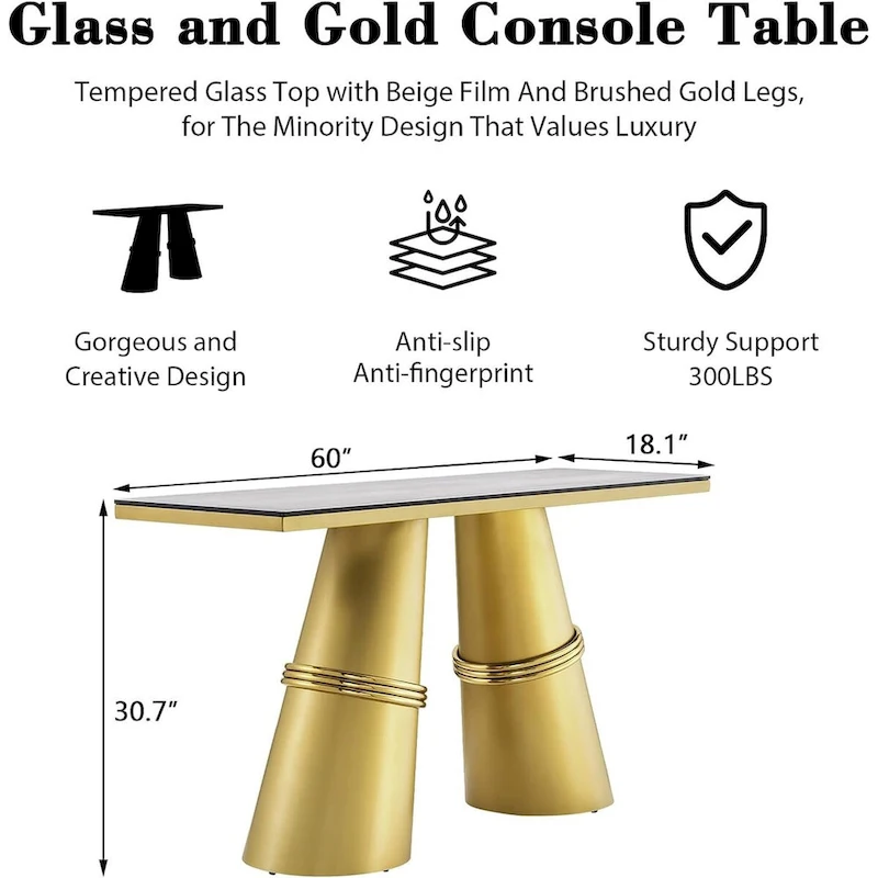 Glam 60 inch Rectangular Glass Console Table with Brushed Gold Stainless Steel Base