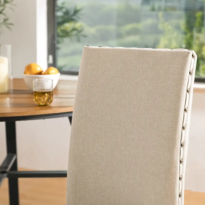 High Back Linen Fabric Dining Chairs with Nailhead Trim – Grey / Cream White / Tan