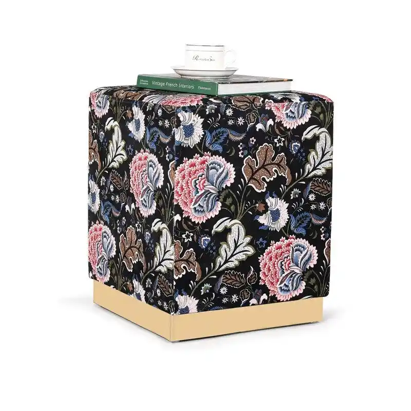 Adeco Square Velvet Ottoman Upholstered Stool Vanity Gold Plating Base