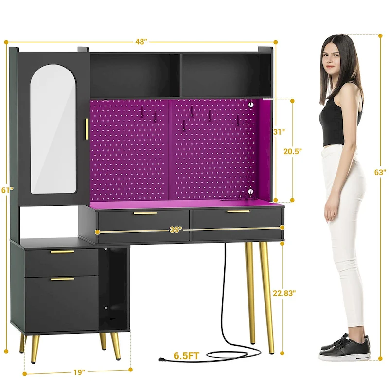 Makeup Vanity with Pegboard and Hutch, Bedroom Vanity Table with Charge Station and LED Light - N/A