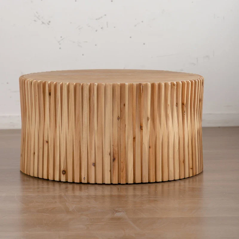 Retro Fashion Style Cylindrical Coffee Table with Vertical Texture Relief Design