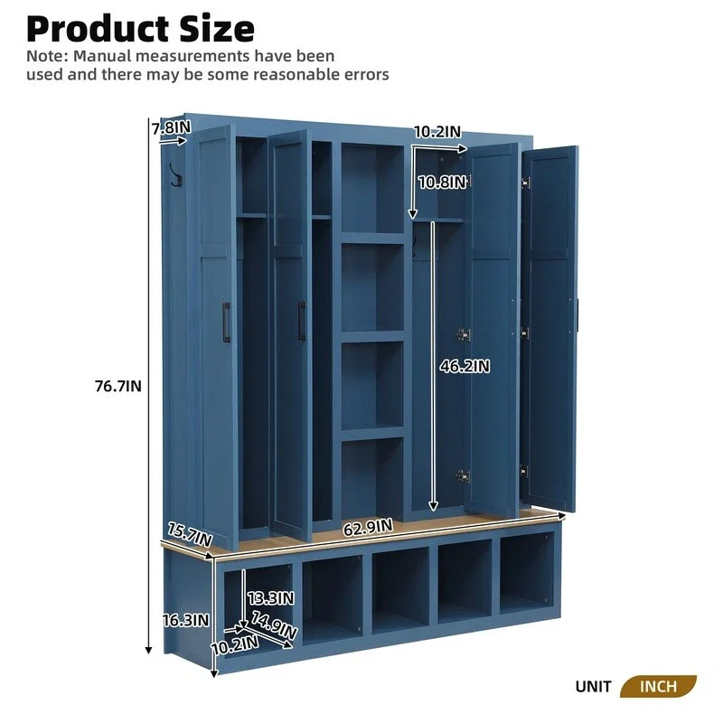 Farmhouse 4-in-1 Hall Tree with Open Display Shelves, Mudroom Shoe Bench with Open Compartments, Entryway Coat Rack with 6 Hooks