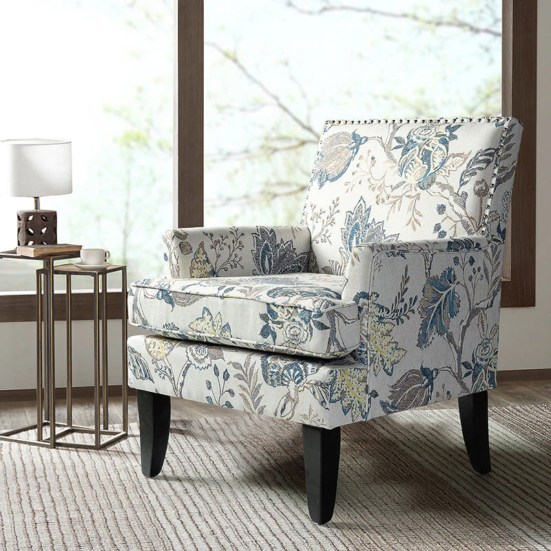 Club Chair Armchair with Nailhead Trim, Track Arms & Removable Seat Cushion | Blue Floral / Grey Stripe / Blue Stripe / Buffalo Beige / Red Floral / Black Stripe / Orange / Red Stripe / Buffalo Navy / Buffalo Black | Single Seat