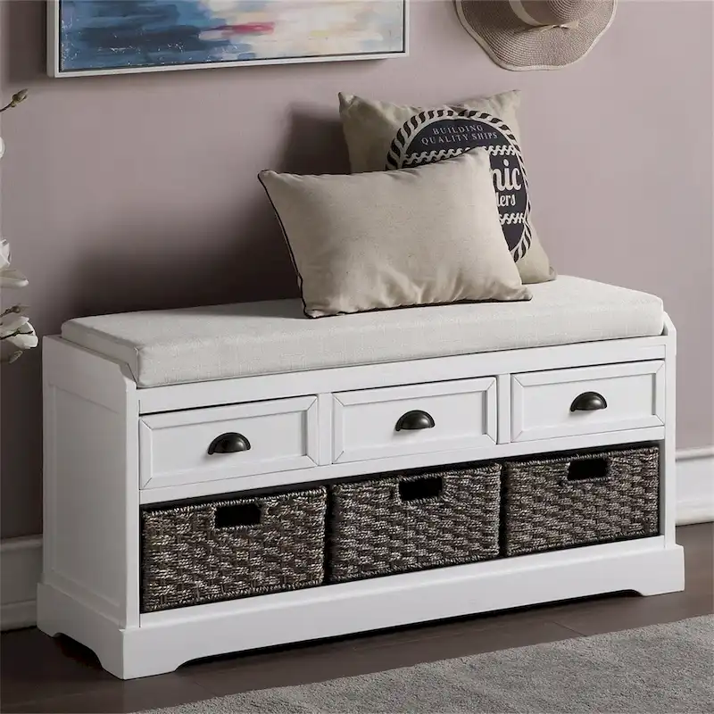 Wood Storage Bench with 3 Drawers and 3 Baskets