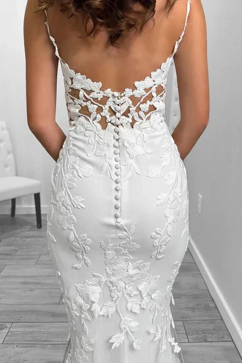 Sexy Satin V-Neck Spaghetti Straps Illusion Lace Applique With Lace Train Wedding Dress