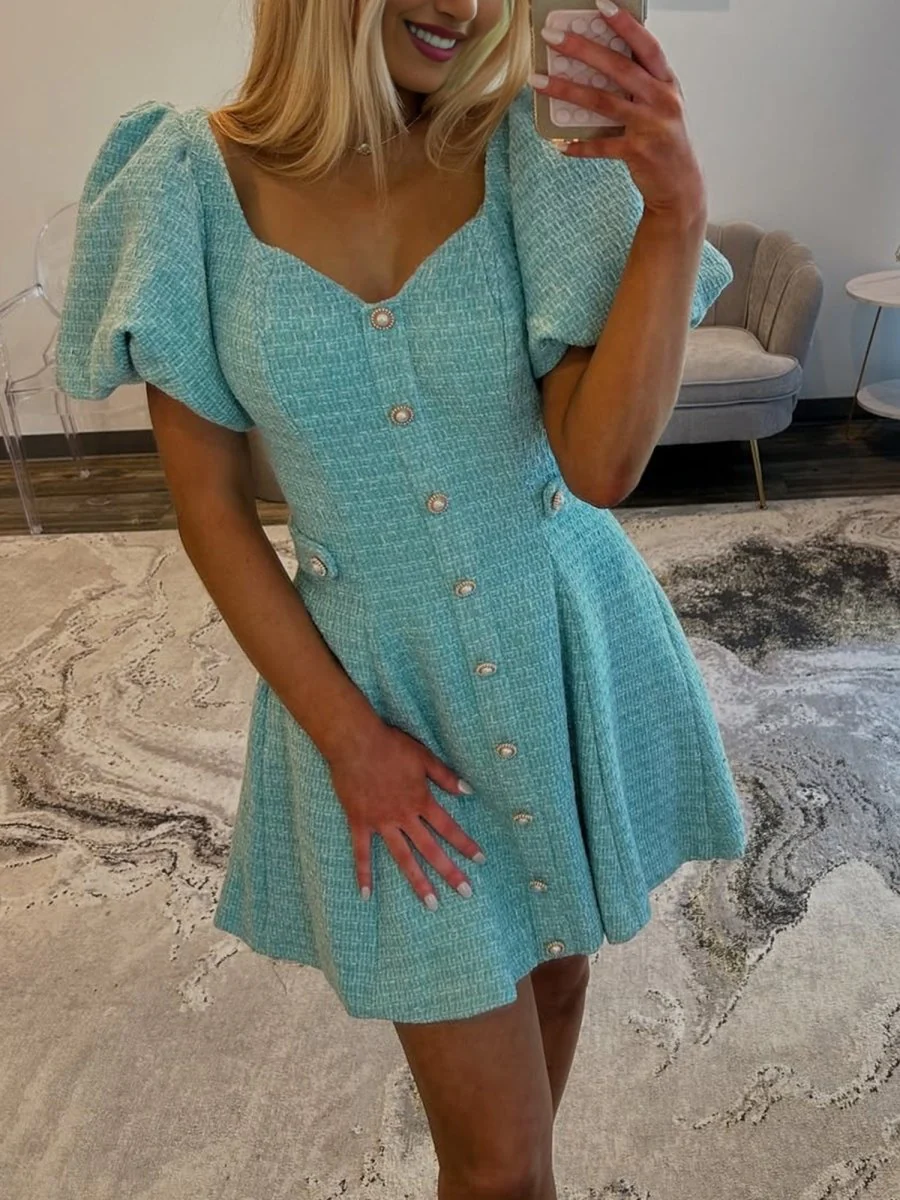 Blue - A Line V Neck Textured Tweed Homecoming Dresses with Puffed Sleeves