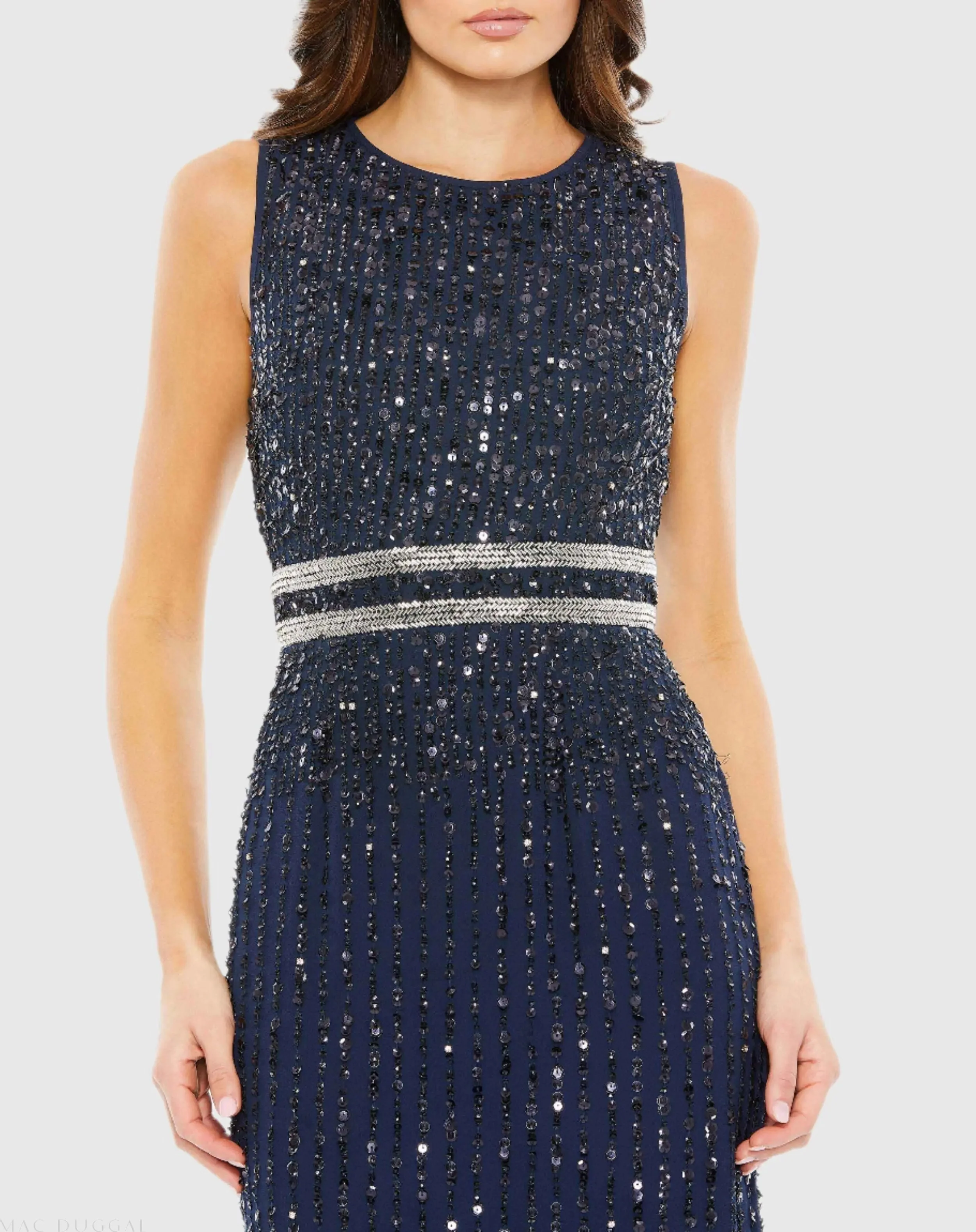 Blue Sequined High Neck Sleeveless Column Gown