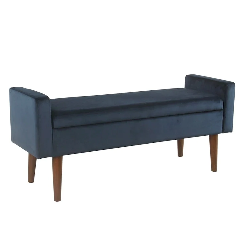 Dark Blue Velvet Storage Bench – Mid-Century Style, Seats 1