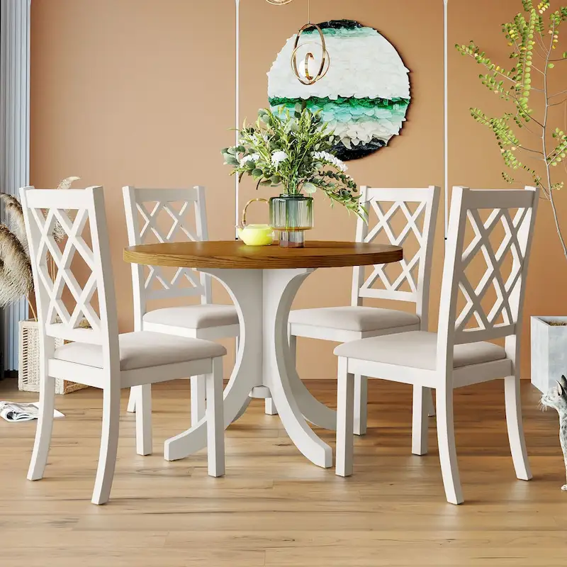 Mid-Century Solid Wood 5-Piece Round Dining Table Set, Kitchen Table Set with Upholstered Chairs, Walnut Table+Beige Chair