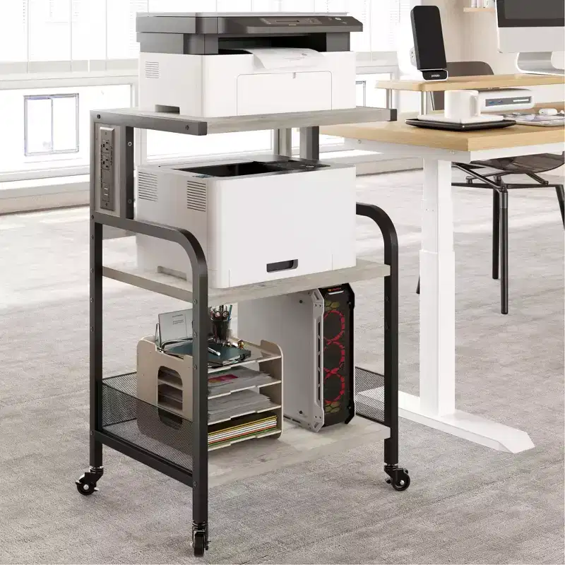 Printer Stand, 3-Tier Rolling Printer Cart with USB Ports & Power Outlets - Heavy Duty Storage Table (Home/Office, Gray)