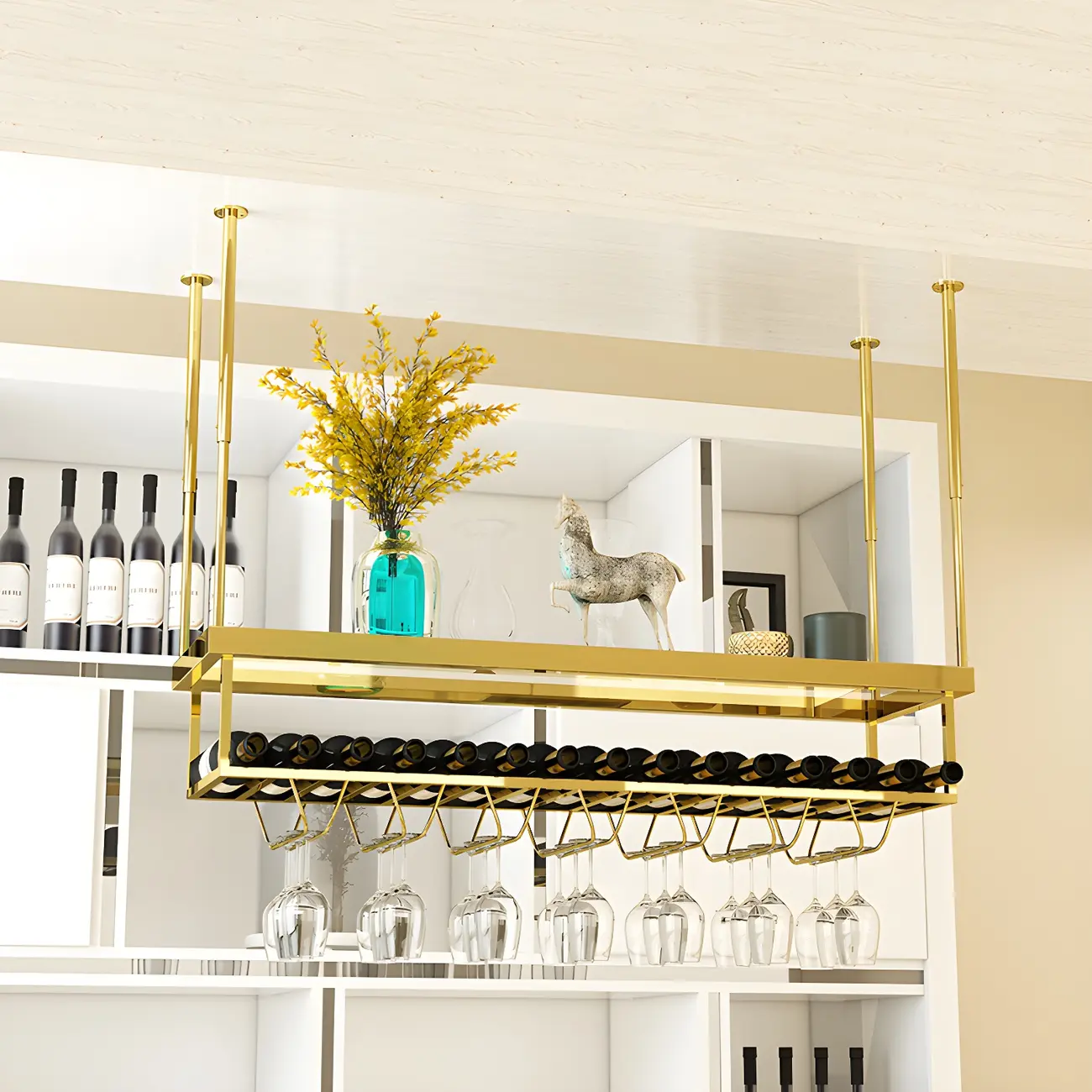 Modern Metal Hanging Wine Rack with Glass Holder
