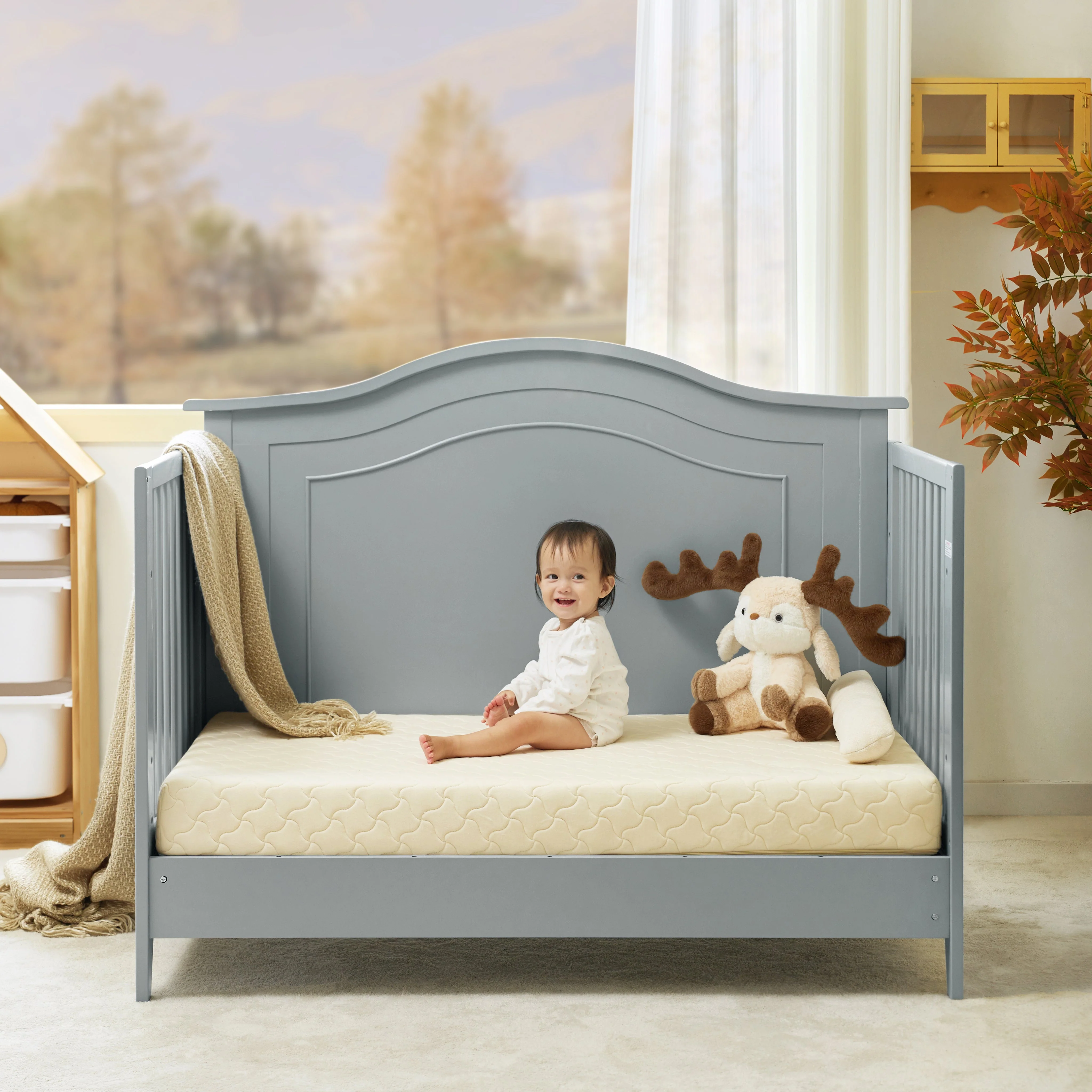 5-in-1 Convertible Baby Crib with Rocking Cradle, Toddler Bed, Rest Bed & Desk Conversion | White / Grey | Single