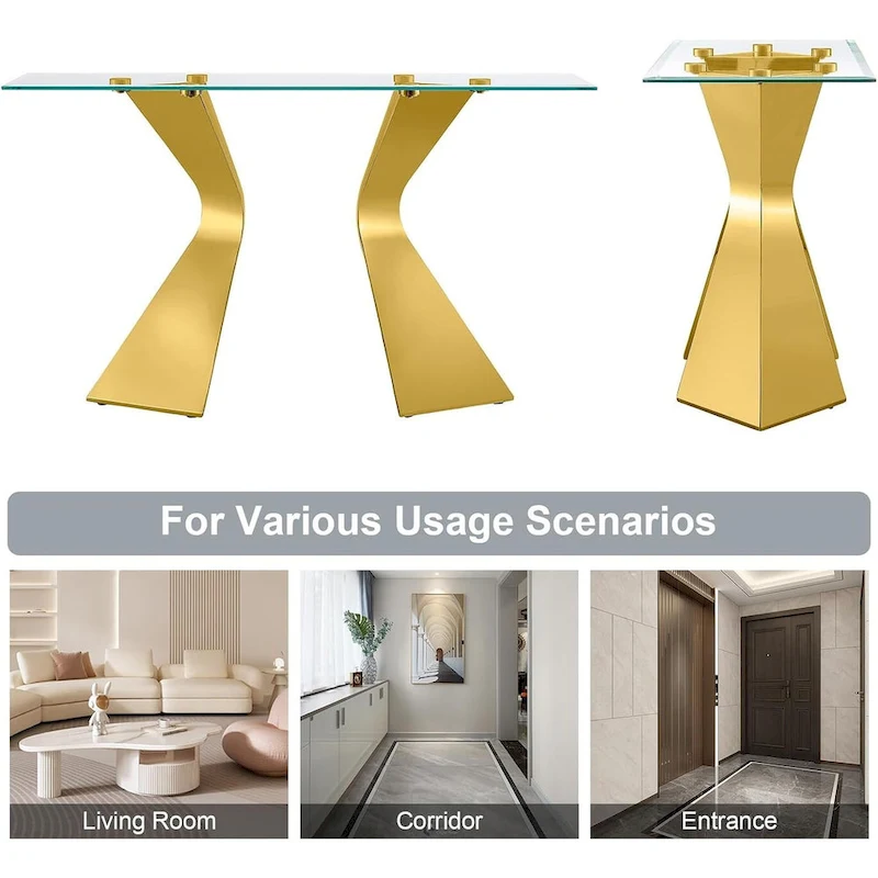 Luxury 51 inch Console Table Rectangular Sofa Entryway Console Table with Rectangle Tempered Glass Top and Metal Legs