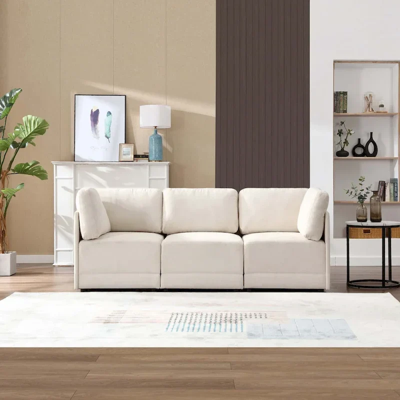 Modern Modular 3 Piece Reversible Sectional Linen Sofa Couch Optional in Free Combination