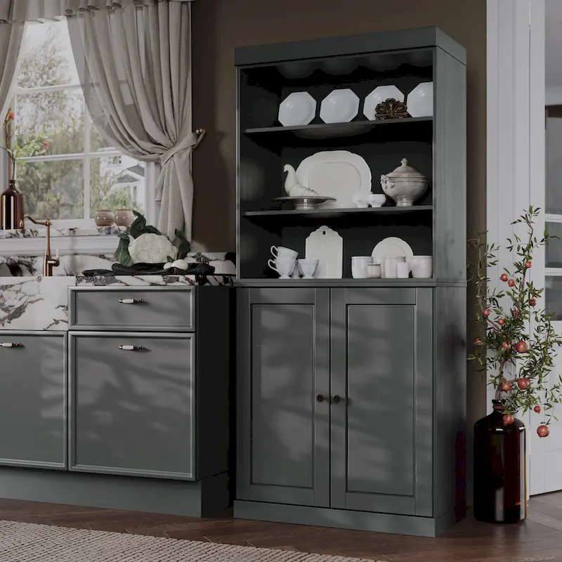 100% Solid Wood Kitchen Pantry Cabinet with 2 Clear Glass or Solid Wood Doors and 2-Drawer Organizer