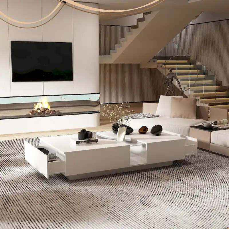 White Modern Coffee Table with Glass Top and LED Lights
