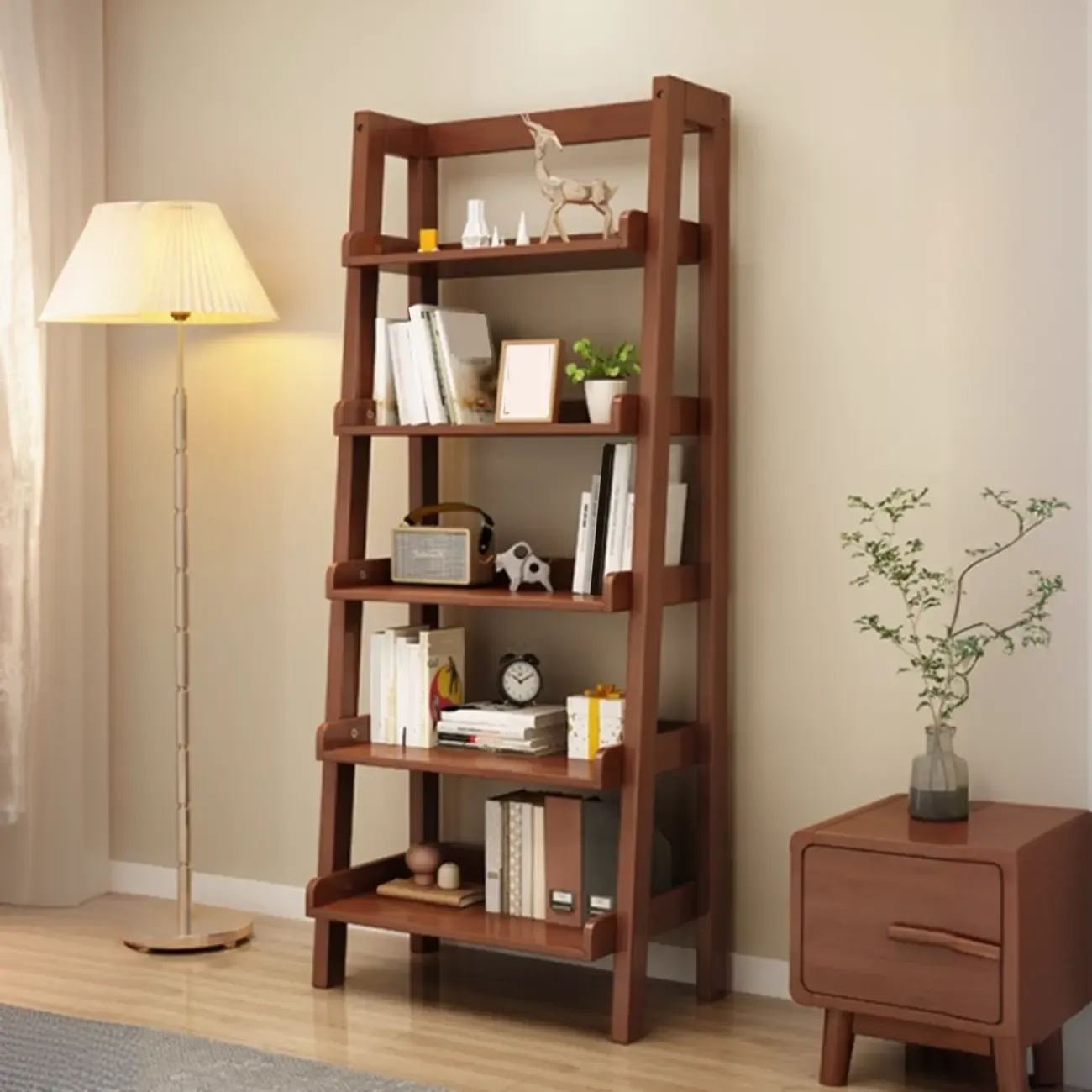 Scandinavian Rectangle Wood 5-Tier Ladder Bookcase