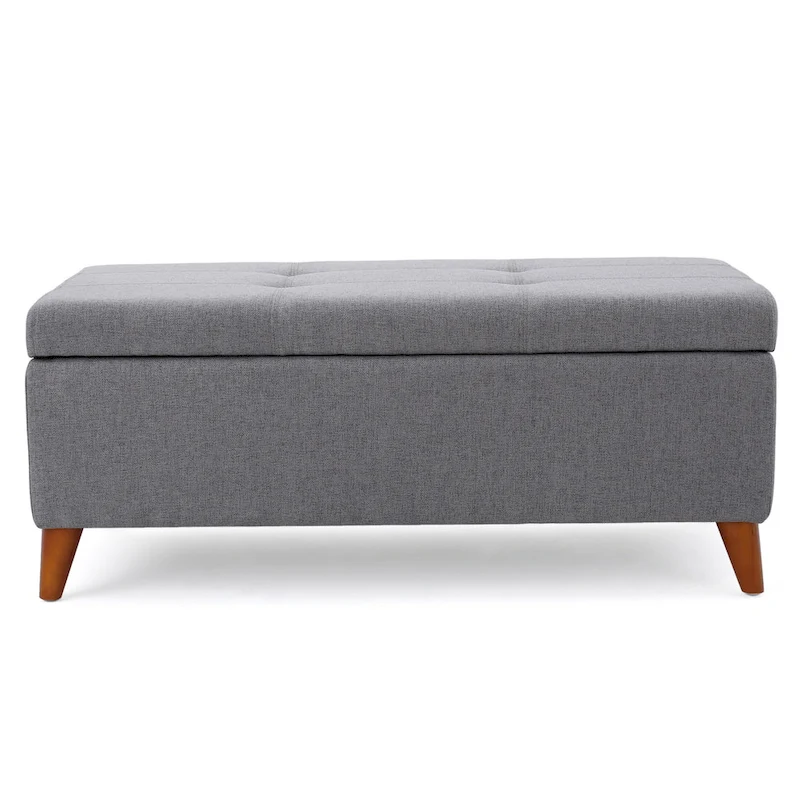 Storage Ottoman Bench, Gray Fabric Cushions, Brown Wood Legs, 38 Inch