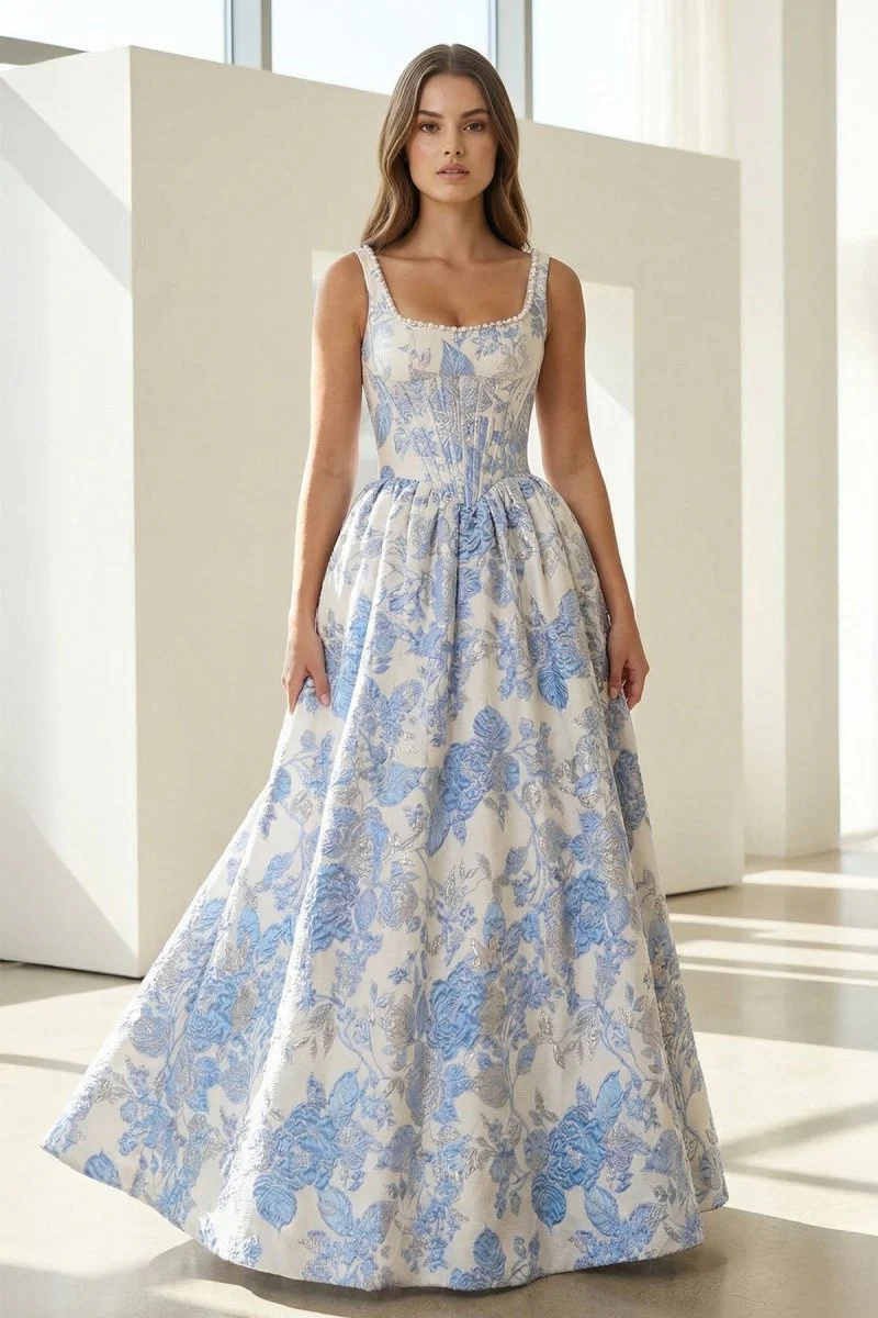Blue Square Neck A Line Floral Jacquard Prom Dresses With Pearls