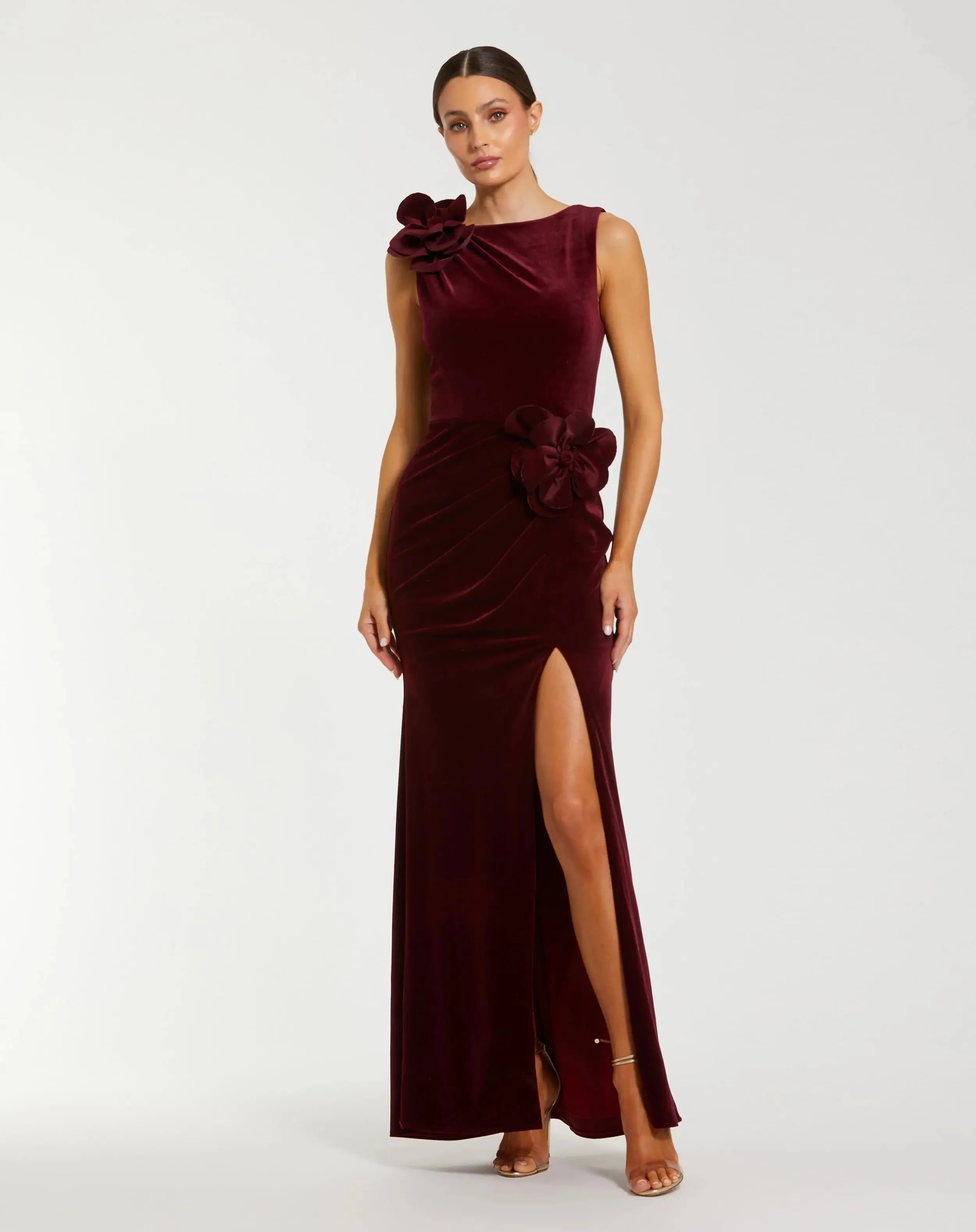 Dark Red High Neck Velvet Column Gown With 3D Flowers