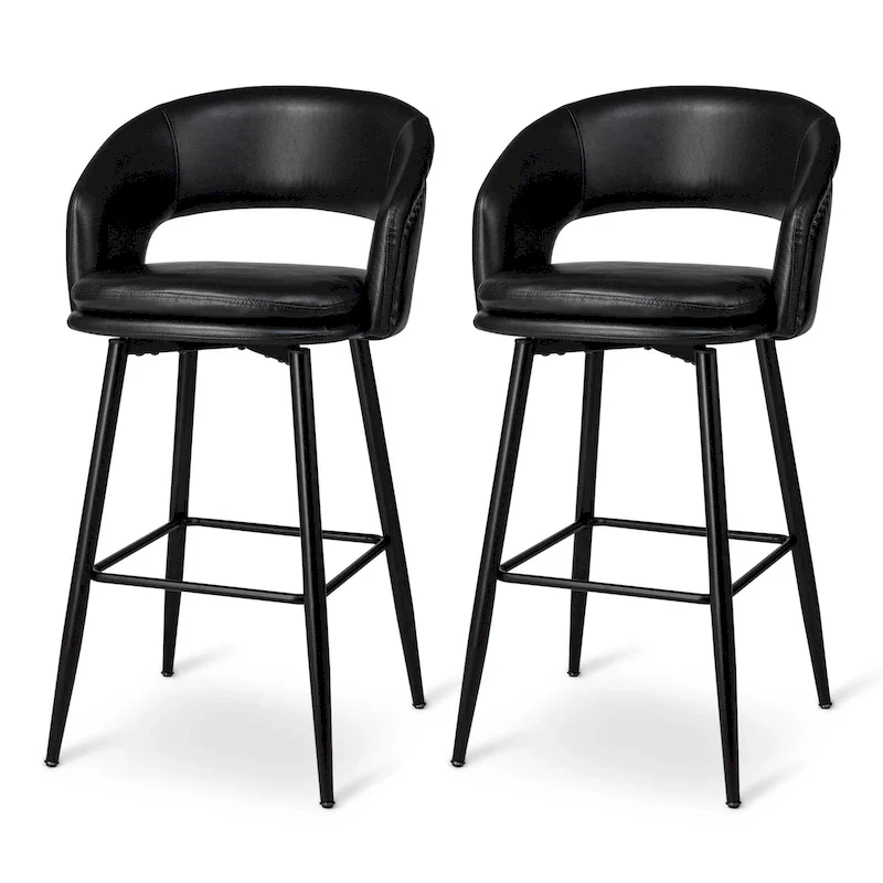 Mid-Century Modern Faux Leather Bar Stool with Nailhead Trim & Metal Legs – Black / Brown