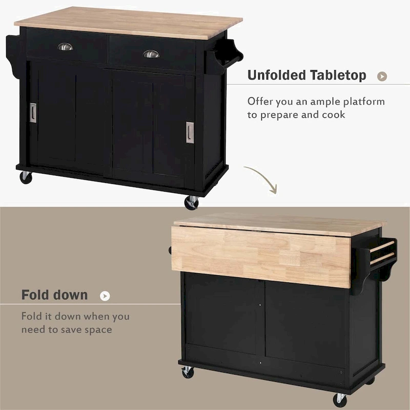 Kitchen Cart with Rubber wood Drop-Leaf Countertop