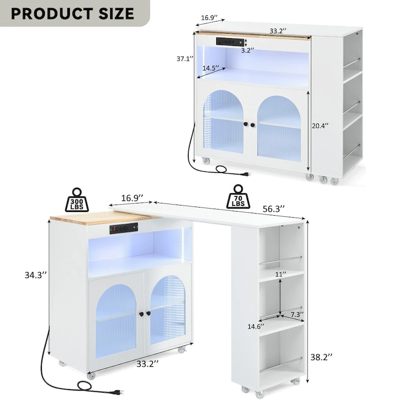 LED Lights Kitchen Island Cart With Extended Table and Power Outlets