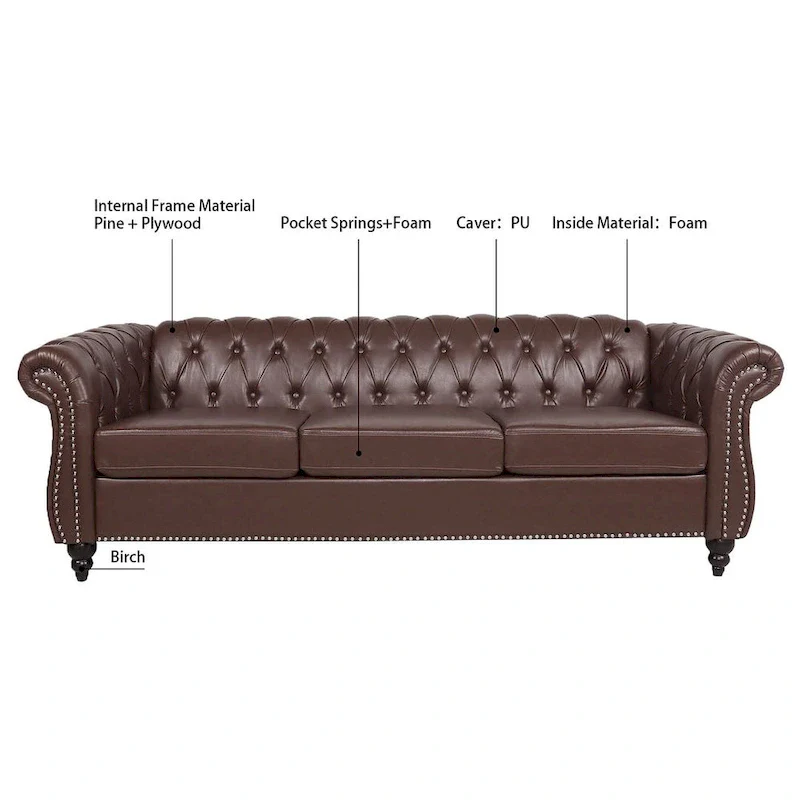 Tufted Sofa - Faux Leather, Rolled Arms Design, Seats 3