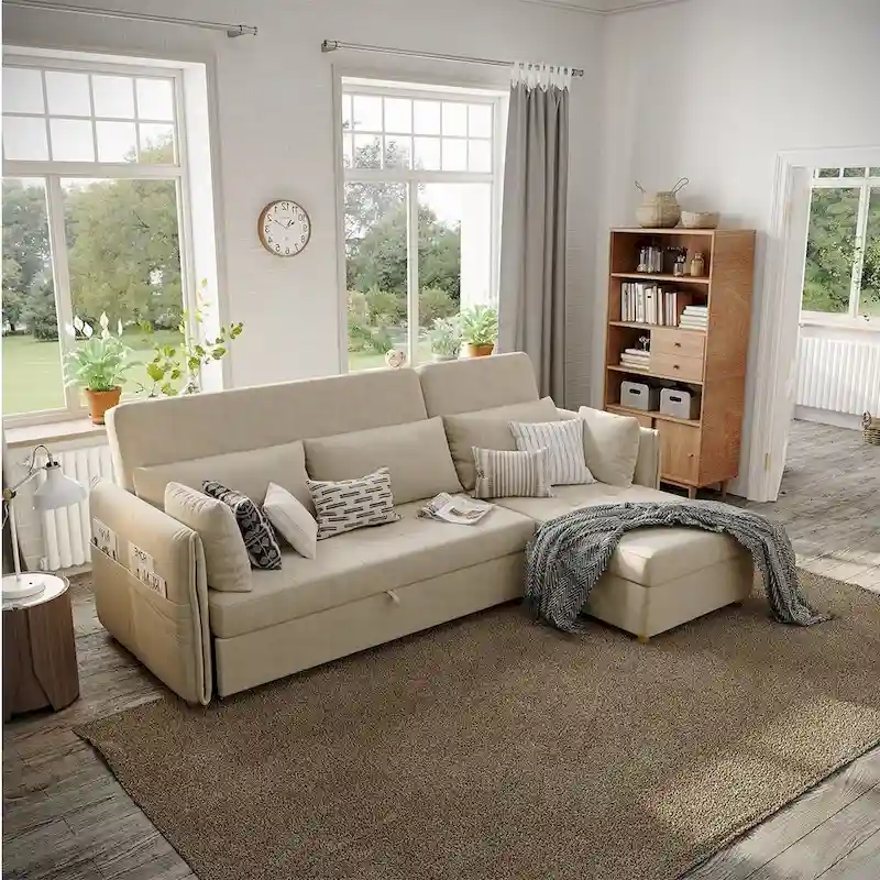 L-Shape Sofa Bed with Scratch-Resistant Fabric and Solid Wood Frame