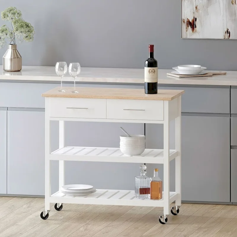 Modern White Wood Kitchen Cart with Wheels Drawers and Shelves by