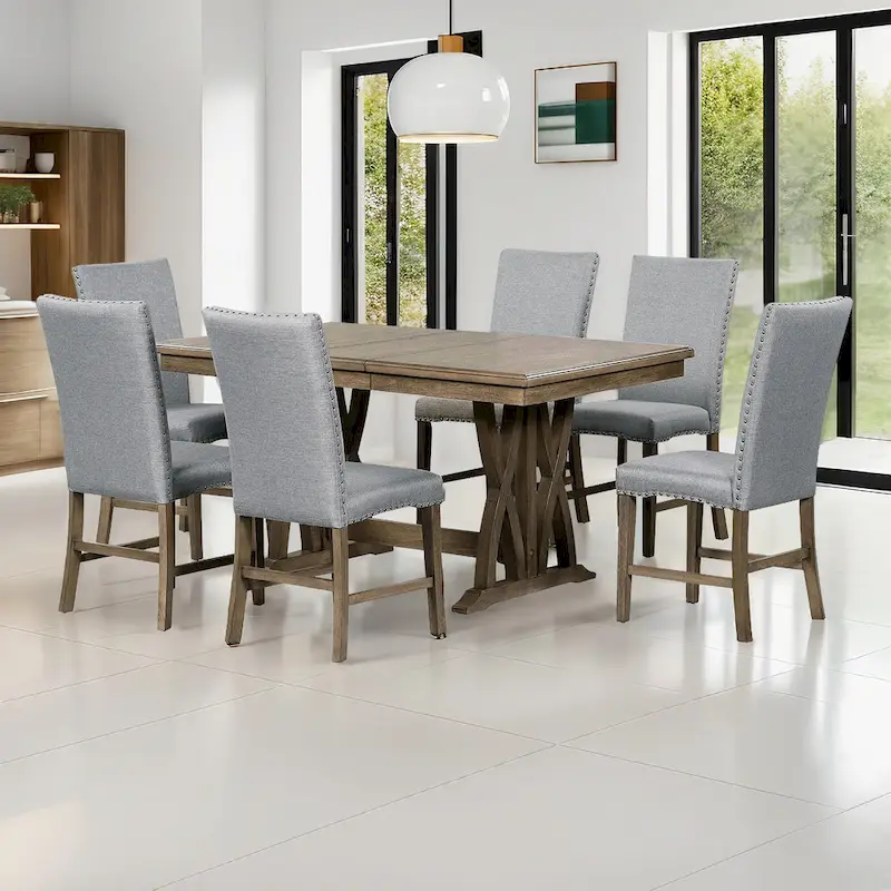 7-Piece Extendable Dining Table Set with Chairs and 12 Leaf