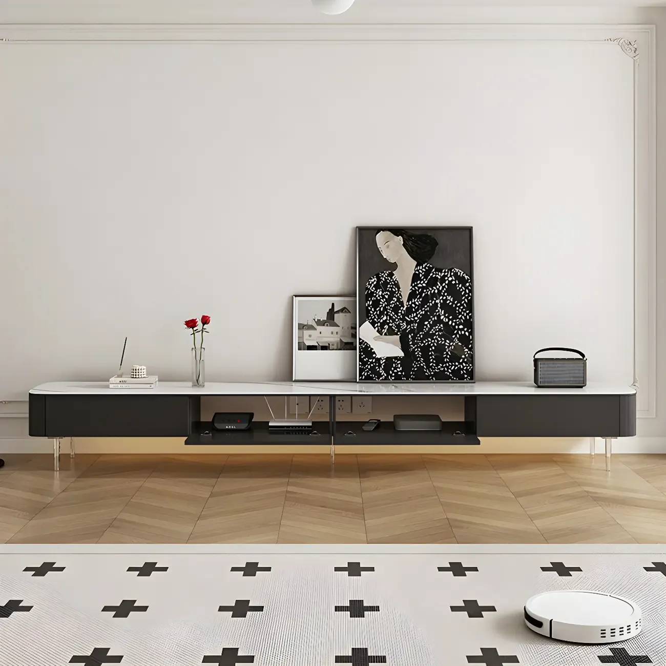 87 Modern Black Wooden Long TV Stand with Drawers