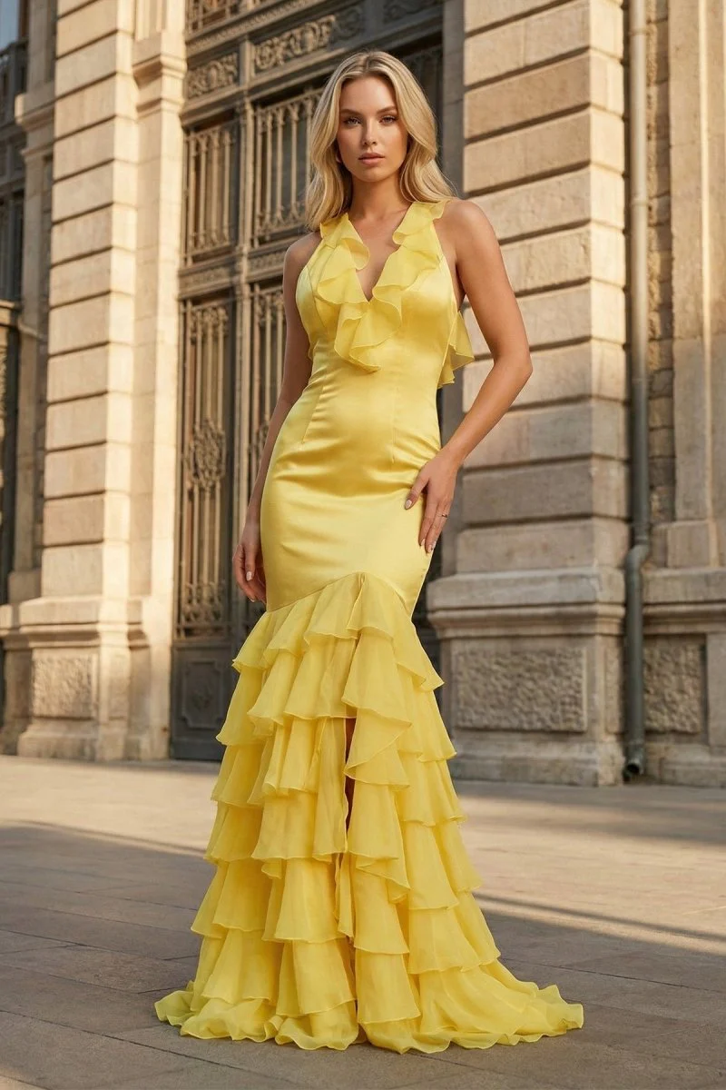 Yellow V Neck Satin Mermaid Ruffles Long Prom Dress
