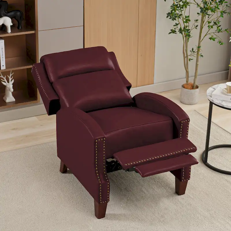 Genuine Leather Pushback Recliner with Multi-Angle Seat Back and Solid Wood Legs