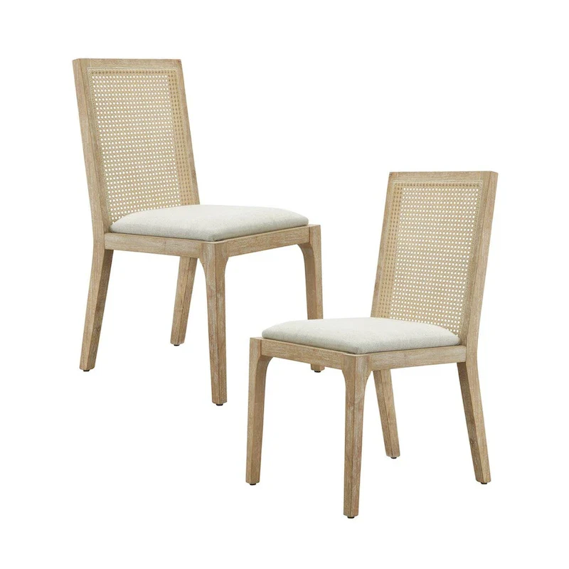Rattan Hollow Backrest Upholstered Dining Chair Side Chair Set of 2