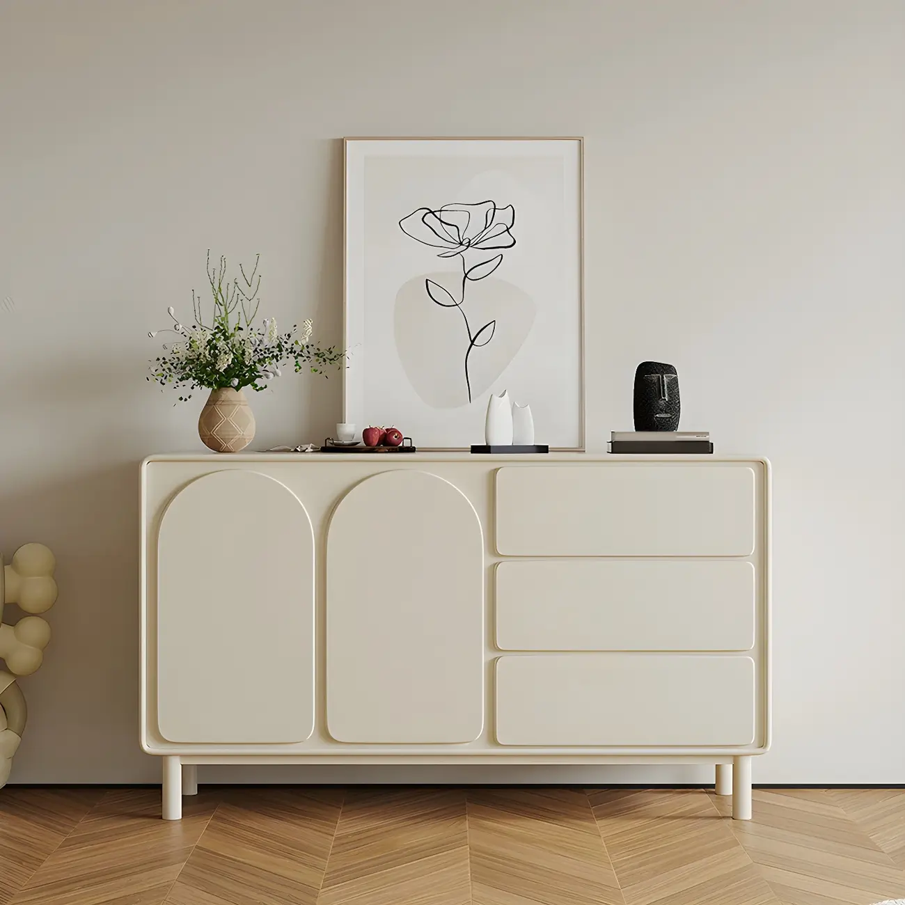 Durable Off-White Wooden Combo Dresser with Shelves